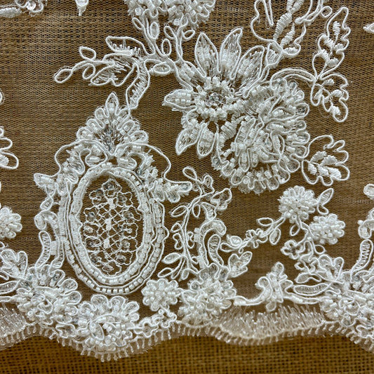 Beaded & Corded Bridal Lace Fabric Embroidered on 100% Polyester Net Mesh | Lace USA - 96788W-HB-1